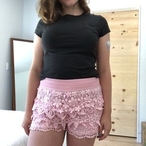 Cute Pink Crochet Lace Tiered Shorts